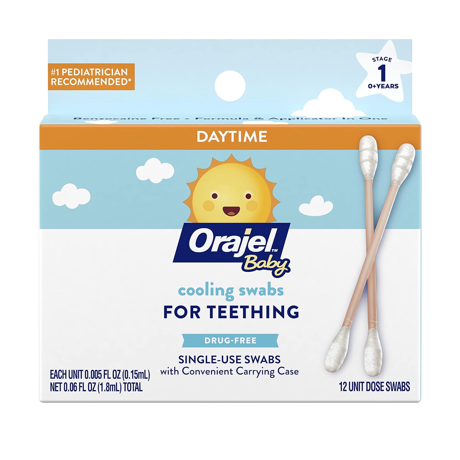 251223024338125_1 Orajel Baby Daytime Cooling Swabs for Teething, Drug-Free, 1 Pediatrician Recommended Brand for Teething*, 12 Swabs in Carrying Case(Packing May Vary) - Image 1